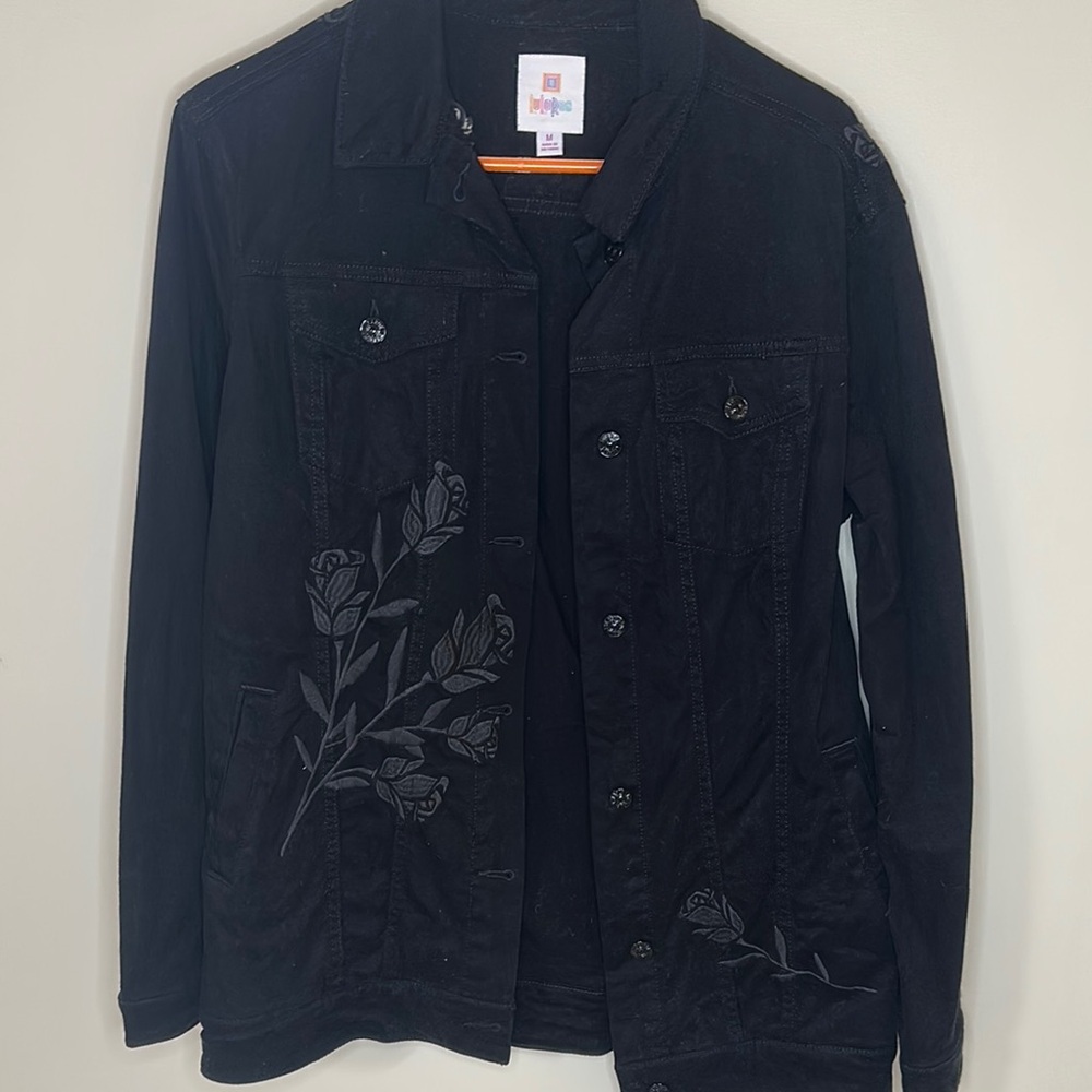LuLaRoe Black Jean Jacket with Rose Embroidery